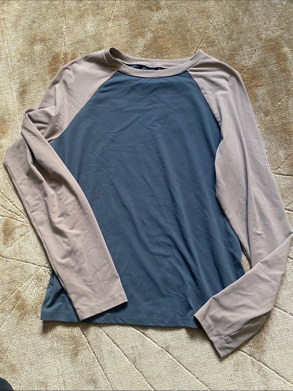 Women's Long Sleeve Raglan Tee - Slate Blue Body with Taupe Sleeves